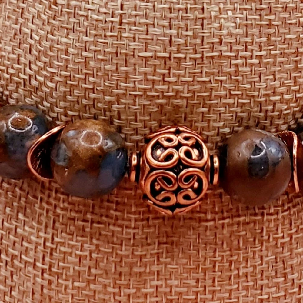 Teal Impression Jasper, Raku and Copper Beaded Bracelet - Picture 4 of 6